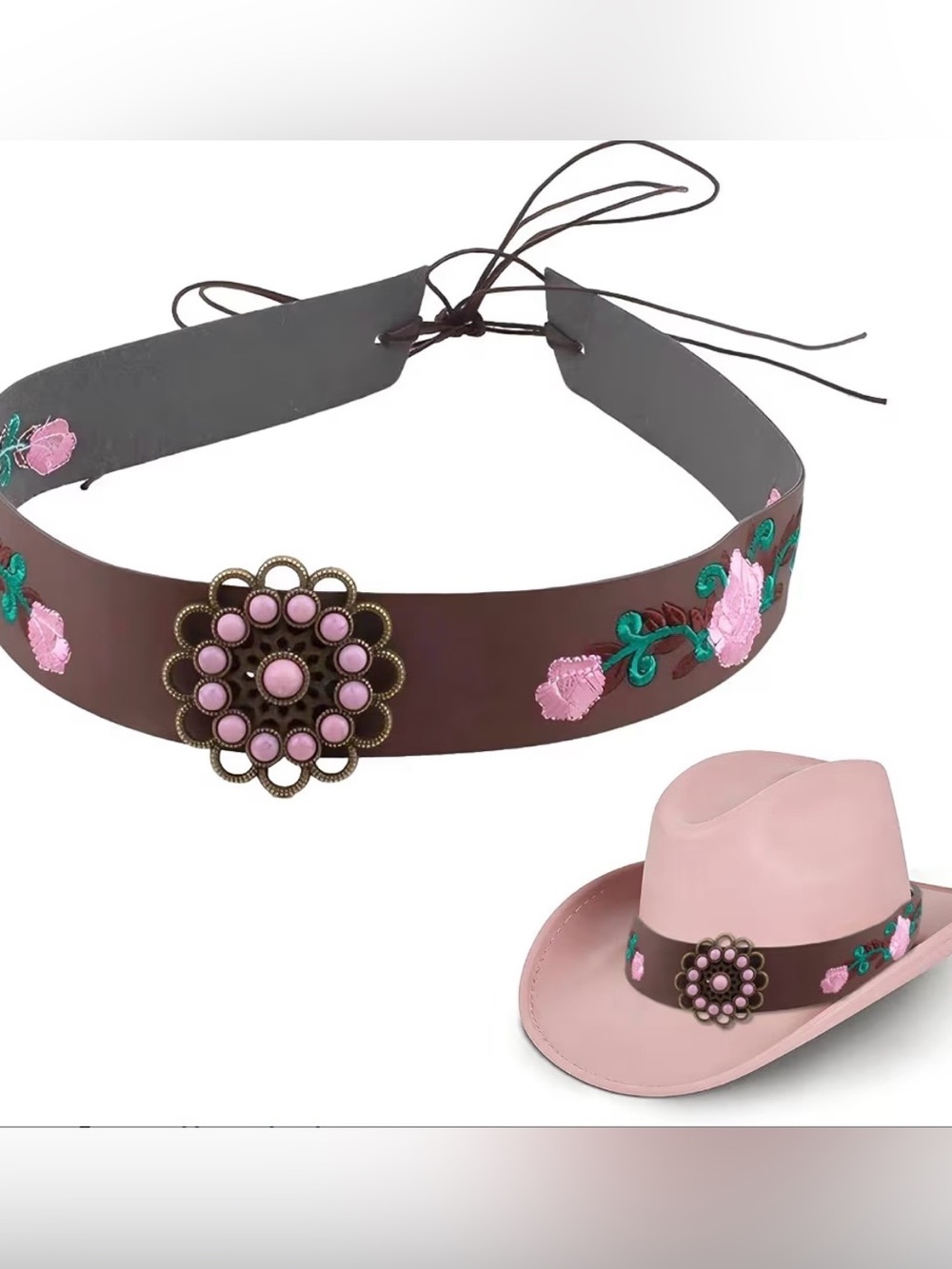 Western Floral Embroidered Brown Leather Hatband with Pink Concho